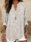 Three-dimensional Floral Pattern Women's Linen V-Neck Shirt