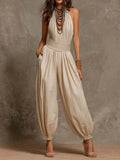 Bohemian Halter Smocked Waist Cotton-Linen Harem Jumpsuit