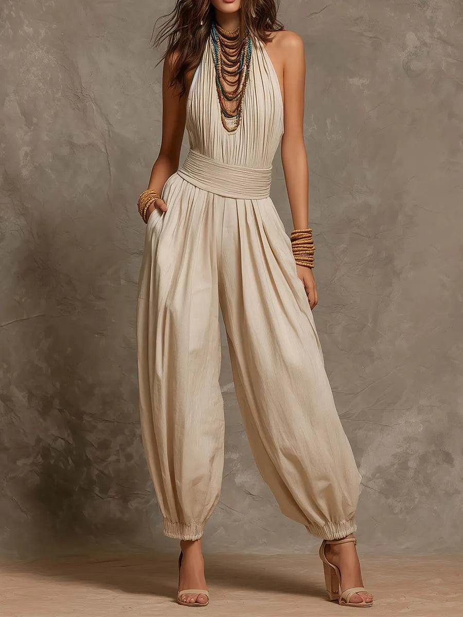 Bohemian Halter Smocked Waist Cotton-Linen Harem Jumpsuit