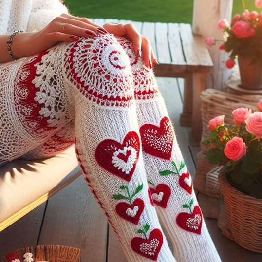 Vintage Crochet Floral And heart Cozy Knit Leggings