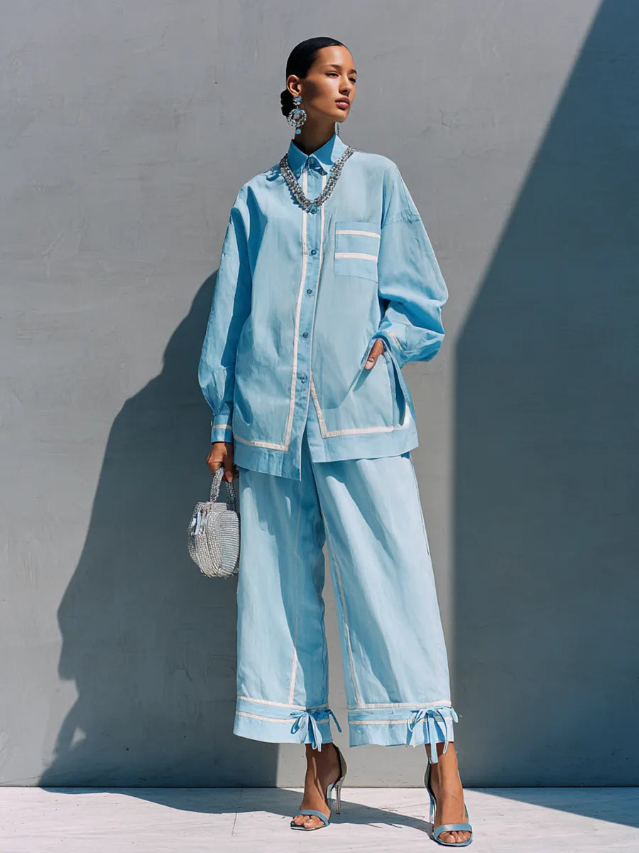 Women's Casual Vacation Light Blue Cotton Blend Contrast Binding Strap Cropped Wide Leg Pants Two Piece Set MDZ0928G6GMJ