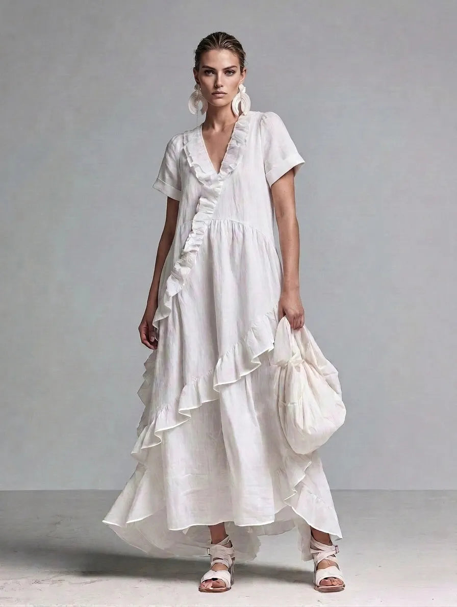 Women’s Boho White Linen Short Sleeve Ruffle Trim V-Neck Loose Flowly High Low Hem Maxi Dress MDZ0229G9T