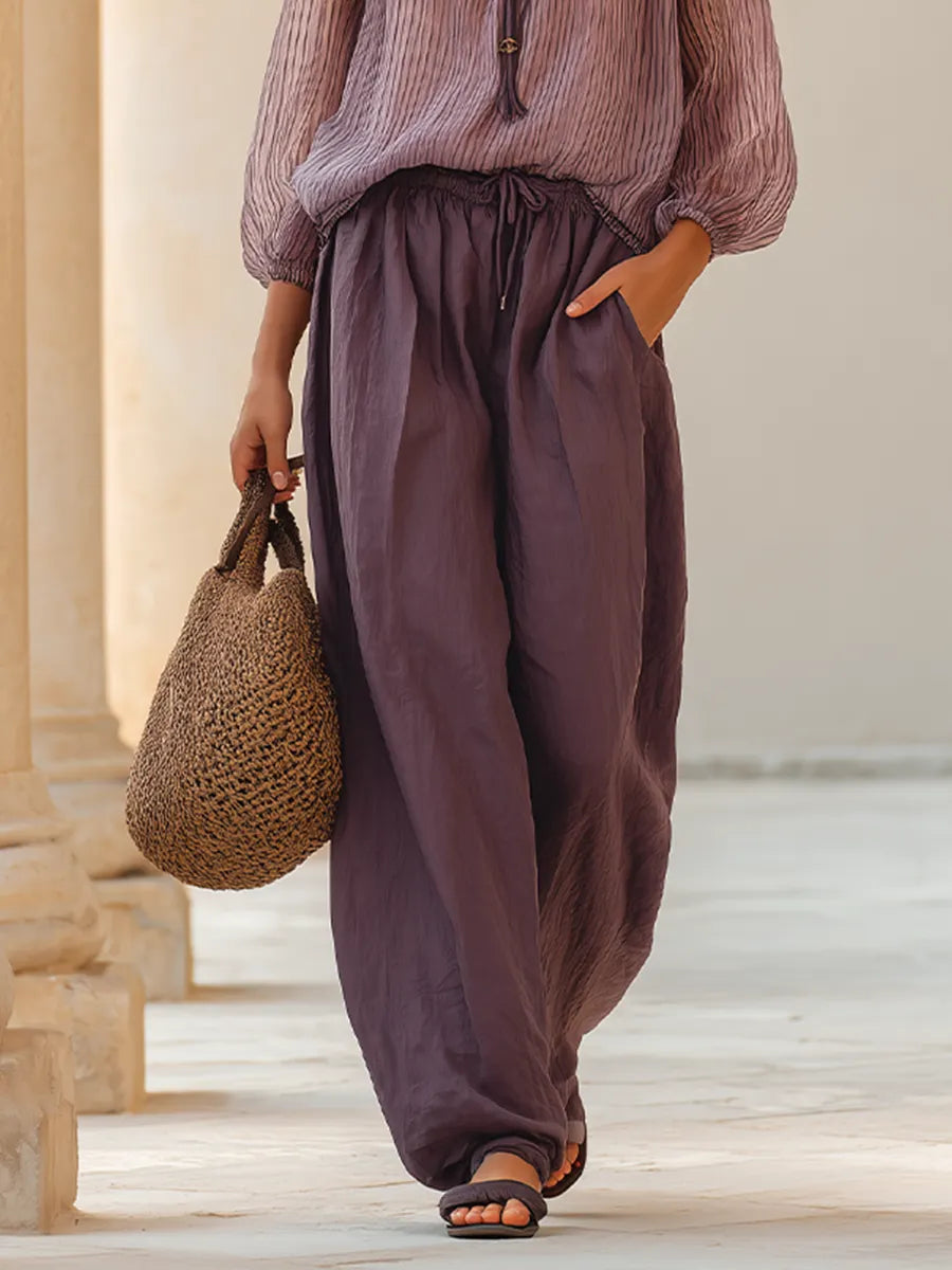 Women's Lavender Stripe Sheer Woven Co-Ord With Tie Neck Puff Sleeve Blouse & Solid Drawstring Wide Leg Trousers, Minimalist Effortless-Chic Summer Two-Piece Set MDZ0236G3LYL