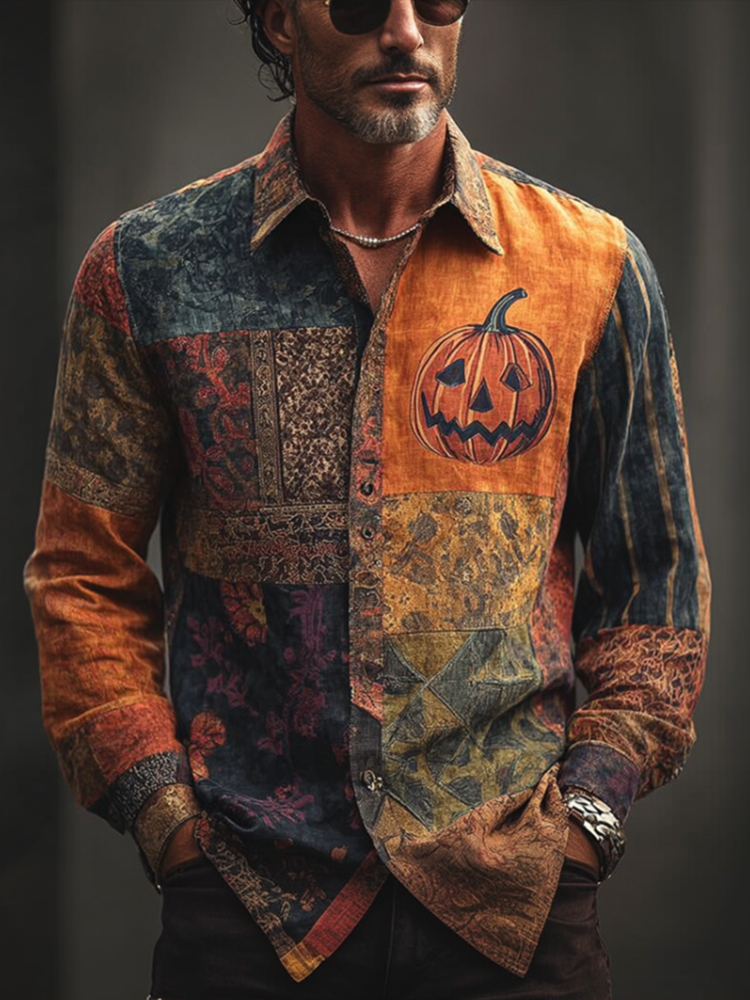 Halloween Pumpkin And Plant Flower Combination Design Men's Retro Cotton And Linen Shirt