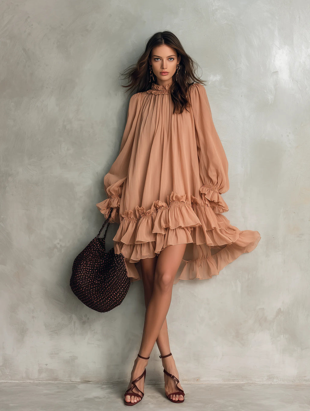 Women's Casual Apricot Chiffon Long-sleeve Mini Dress With A Round Neck MDZ1725G2LXY
