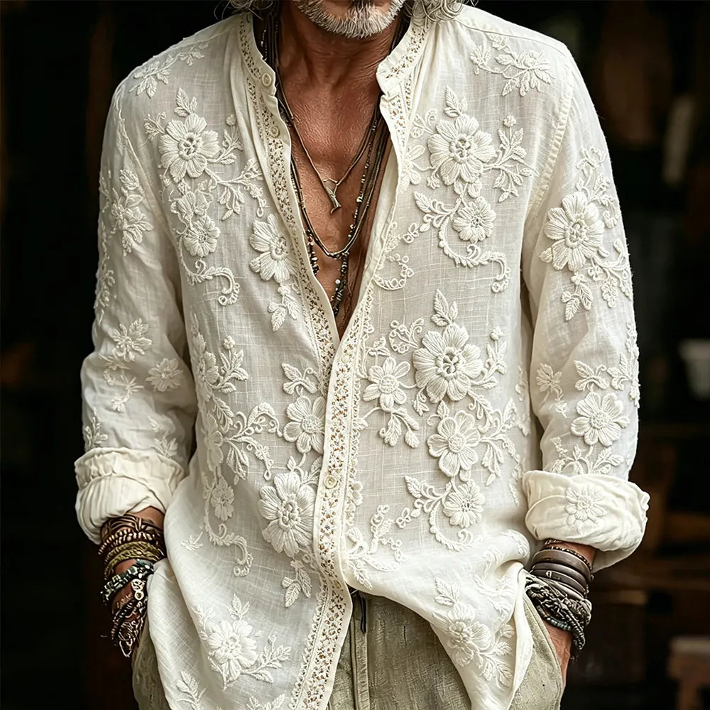 Men's Classy Floral Embroidery Art Cozy Linen Blouse