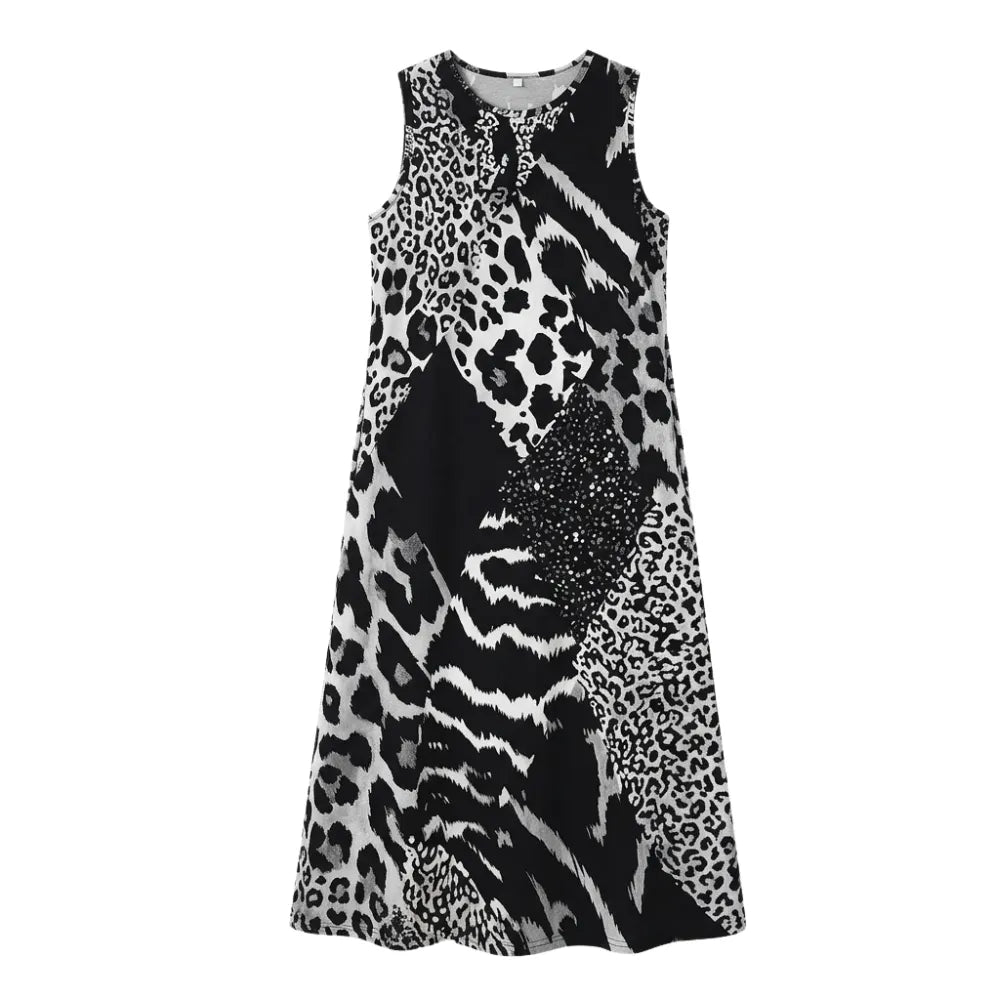 Vivara – Sleeveless Leopard Patchwork Midi Dress