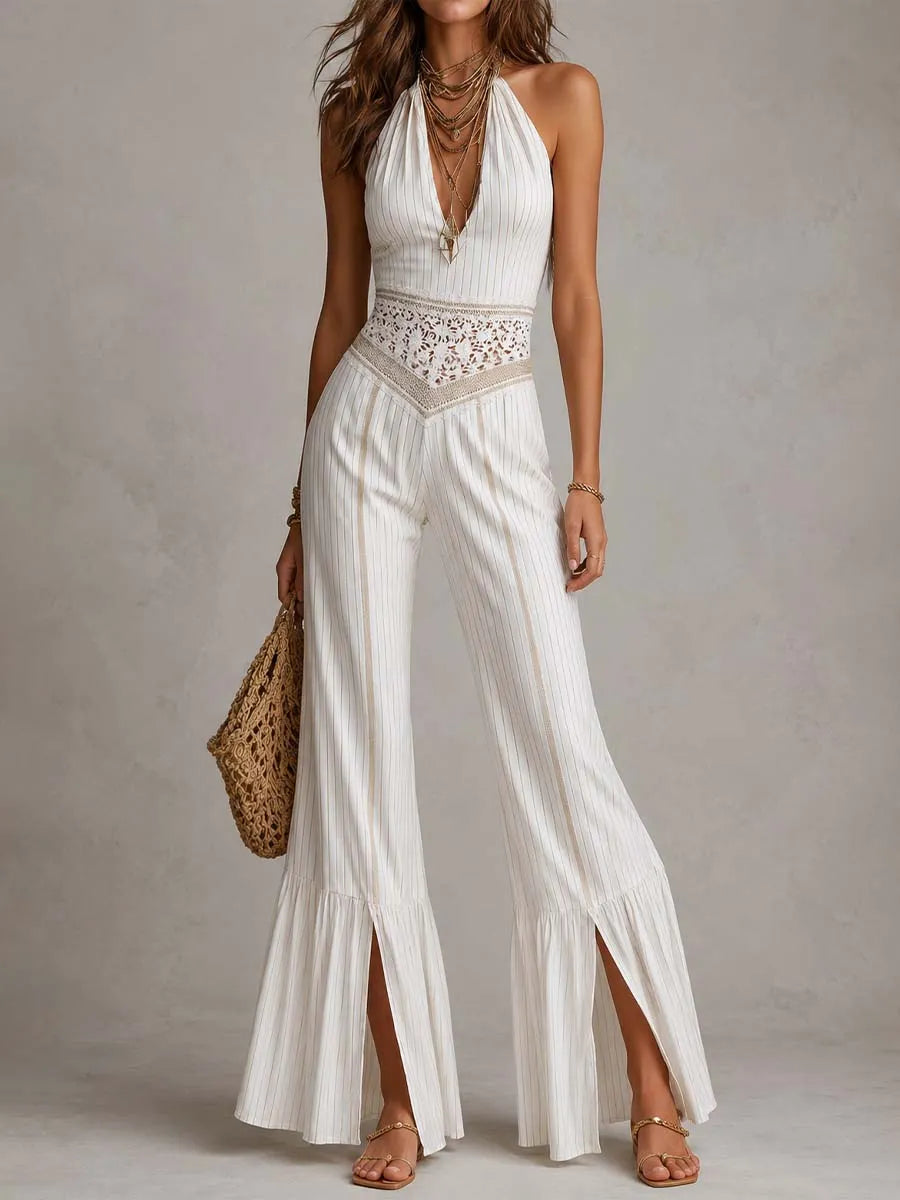 Vintage Bohemian Stripe Lace Waist Halter Split Flare Jumpsuit