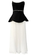 Strapless Crystal Peplum Pleated Midi Dress Black White