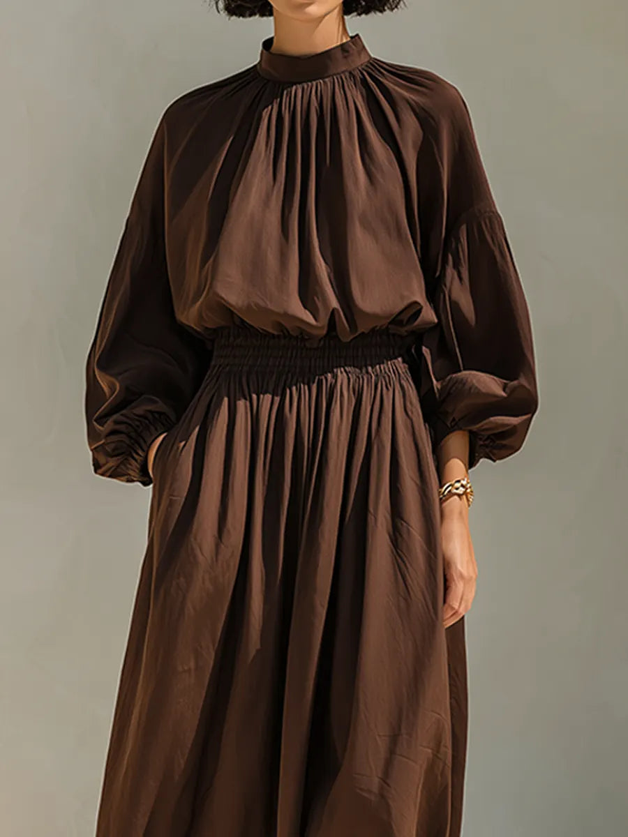 Women's Dark Brown Cotton Blend Gathered High Neck Balloon Sleeve Midi Dress MDZ2109G8ZRK