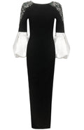 Puff Long Sleeve Crystal Maxi Dress Black White