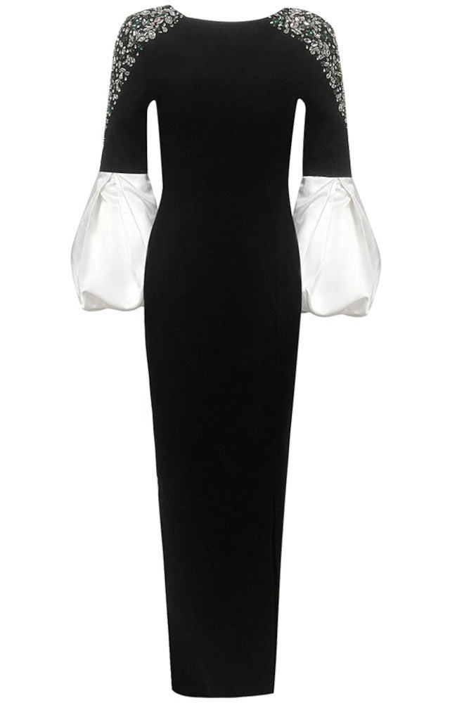 Puff Long Sleeve Crystal Maxi Dress Black White