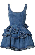 Floral Ruffle Detail Denim Dress Blue