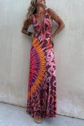 Boho Happiness Tie-dye Print Back Lace-up Stretch Maxi Dress  (With built-in bra)