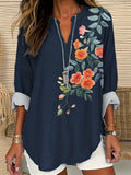 Flower Embroidery Pattern Linen Ladies Long-Sleeved Shirt