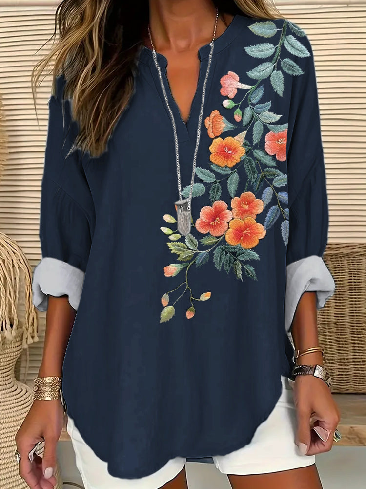 Flower Embroidery Pattern Linen Ladies Long-Sleeved Shirt