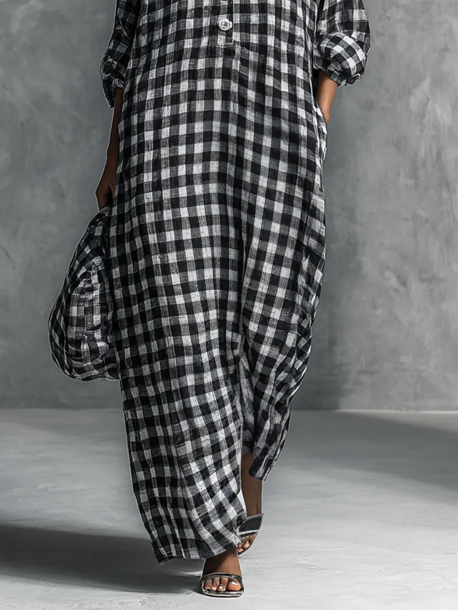 Women's Casual Black And White Checkered Shirt-style Long Dress MDZ0924B4BA
