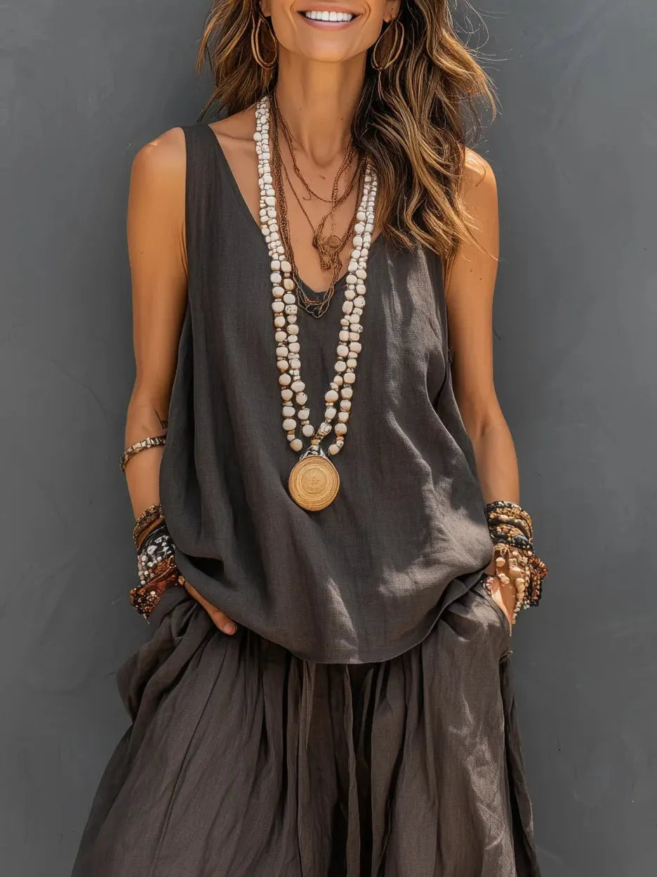 Casual Sleeveless Vest Top Paired With Loose-fitting Trousers Set