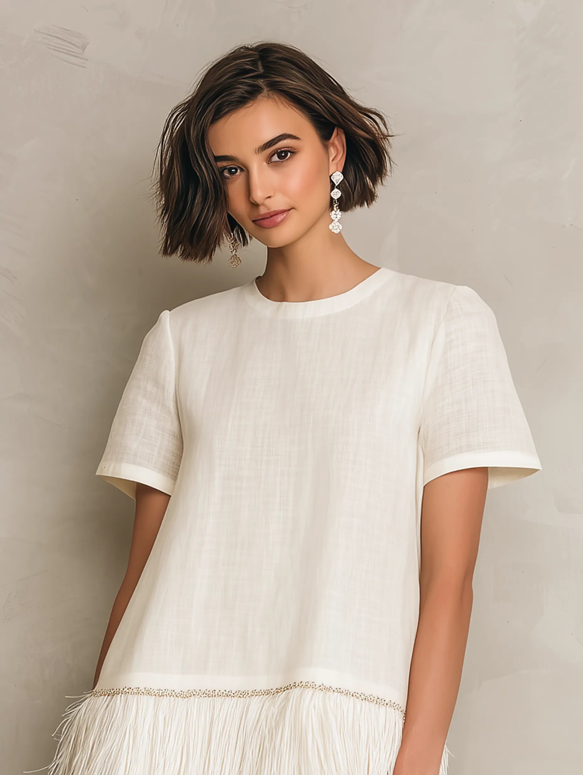 Women's Minimalist Solid-Color Short-Sleeve Mini Dress With Fringed Hem MDZ0967G9WY