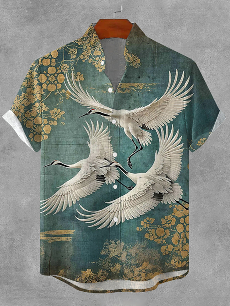 Men's Vintage Crane Japanese Art  Print Casual Shirt