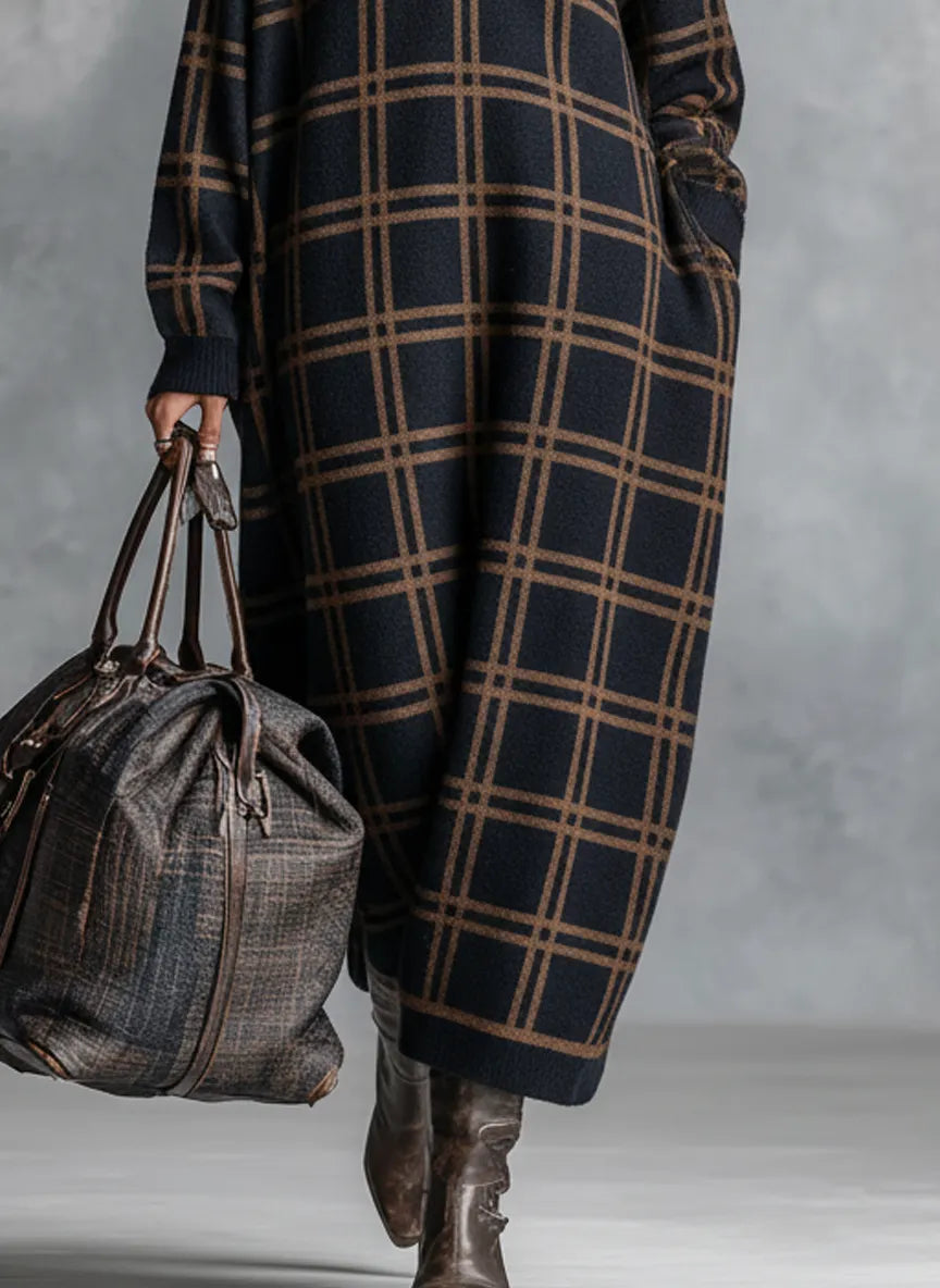 Women's Loose Plaid Zipper Neck Knitted Maxi Dress MDA1505J9Y