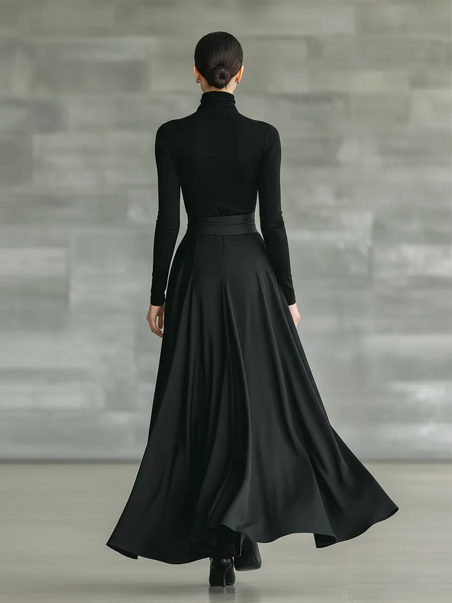 Women's Black High-Neck High-Stretch Knitted And Satin Flared Maxi Dress MDA2851J4T