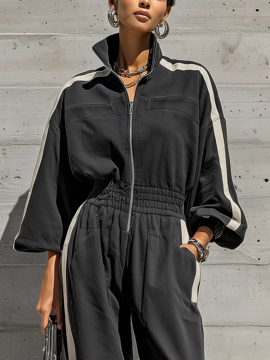 Women's Black White Stripe Washed Cotton Oversized Long Sleeve High Neck Zip Front Elastic Cuff Jogger Jumpsuit MDZ1429G0YZJ