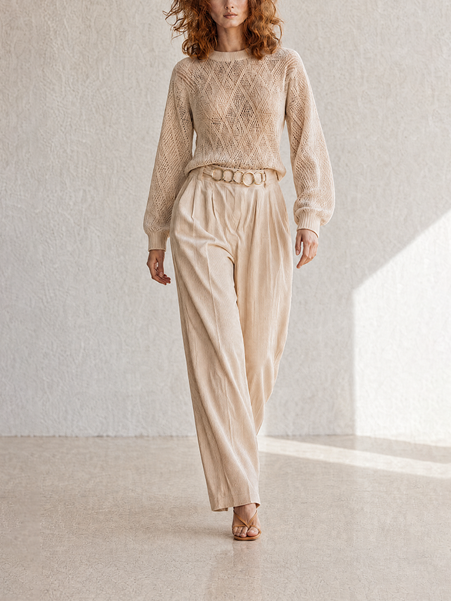 Women's Elegant Casual Beige Pointelle-Knit Round-Neck Blouson-Sleeve Sweater & Metal-Belt Cotton-Linen Wide-Leg Trouser Set MDZ2348G8CMX