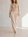 Women's Elegant Casual Beige Pointelle-Knit Round-Neck Blouson-Sleeve Sweater & Metal-Belt Cotton-Linen Wide-Leg Trouser Set MDZ2348G8CMX