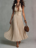 Retro Stand-Collar Front-Zip Pleated Chiffon-Paneled Maxi Dress