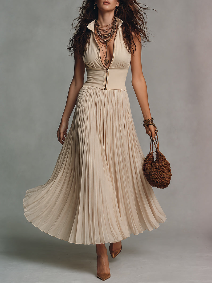 Retro Stand-Collar Front-Zip Pleated Chiffon-Paneled Maxi Dress