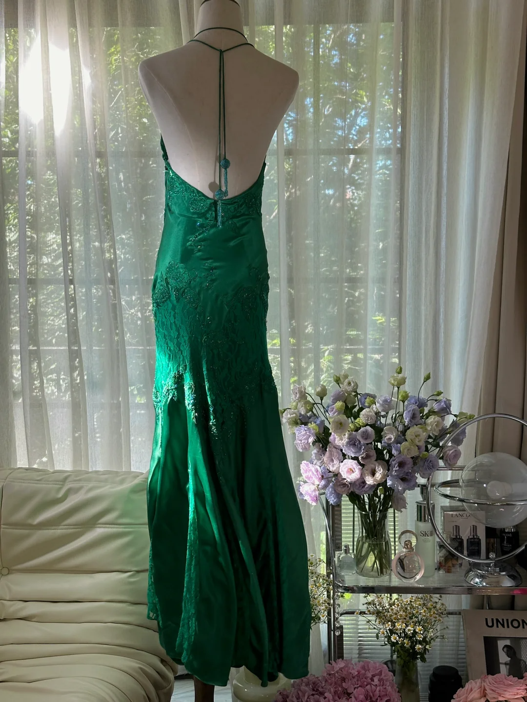 Green Gorgeous Shiny Fashion Elegant Delicate Lace Beading Long Satin Chiffon Fairy Ball Gown Evening Dress Birthday/Wedding Guest/Holiday Party Dress Prom Dress Valentine's Day Date Dress 4037