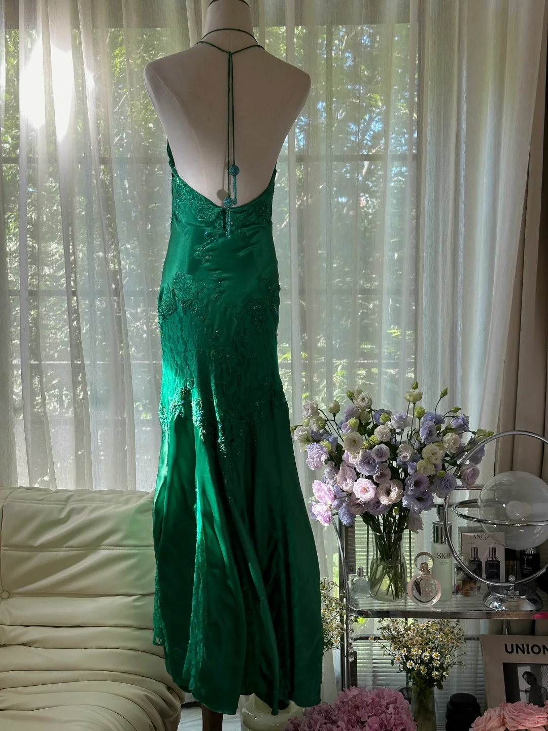 Green Gorgeous Shiny Fashion Elegant Delicate Lace Beading Long Satin Chiffon Fairy Ball Gown Evening Dress Birthday/Wedding Guest/Holiday Party Dress Prom Dress Valentine's Day Date Dress 4037