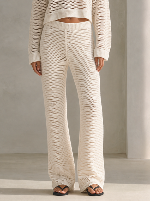 Women's Coastal Ivory Open-Knit Crochet Boat Neck Long Sleeve Cropped Sweater And Wide-Leg Pants Two-Piece Set MDZ1626G8ZSQ