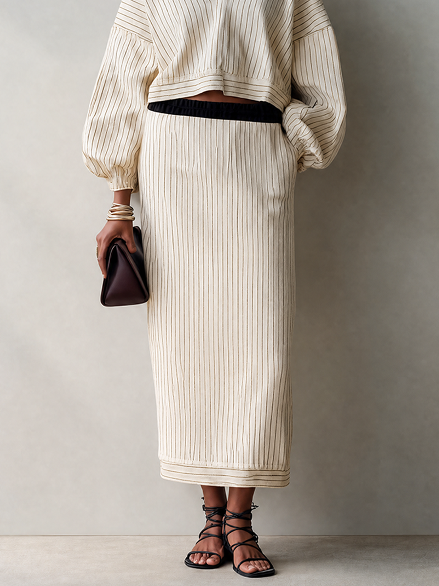 Women's Cream Vertical Stripe Knit V-Neck Crop Top & Midi Skirt Set MDZ2029G4ZRK