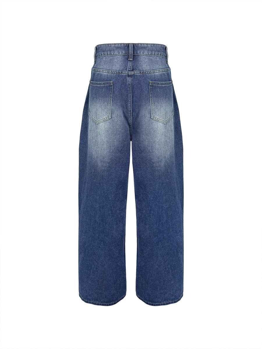 High Waisted Loose Buttoned Geometric Hollow Pockets Split-Joint Jean Pants Bottoms