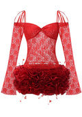 Long Sleeve Lace Floral Ruffle Dress Red