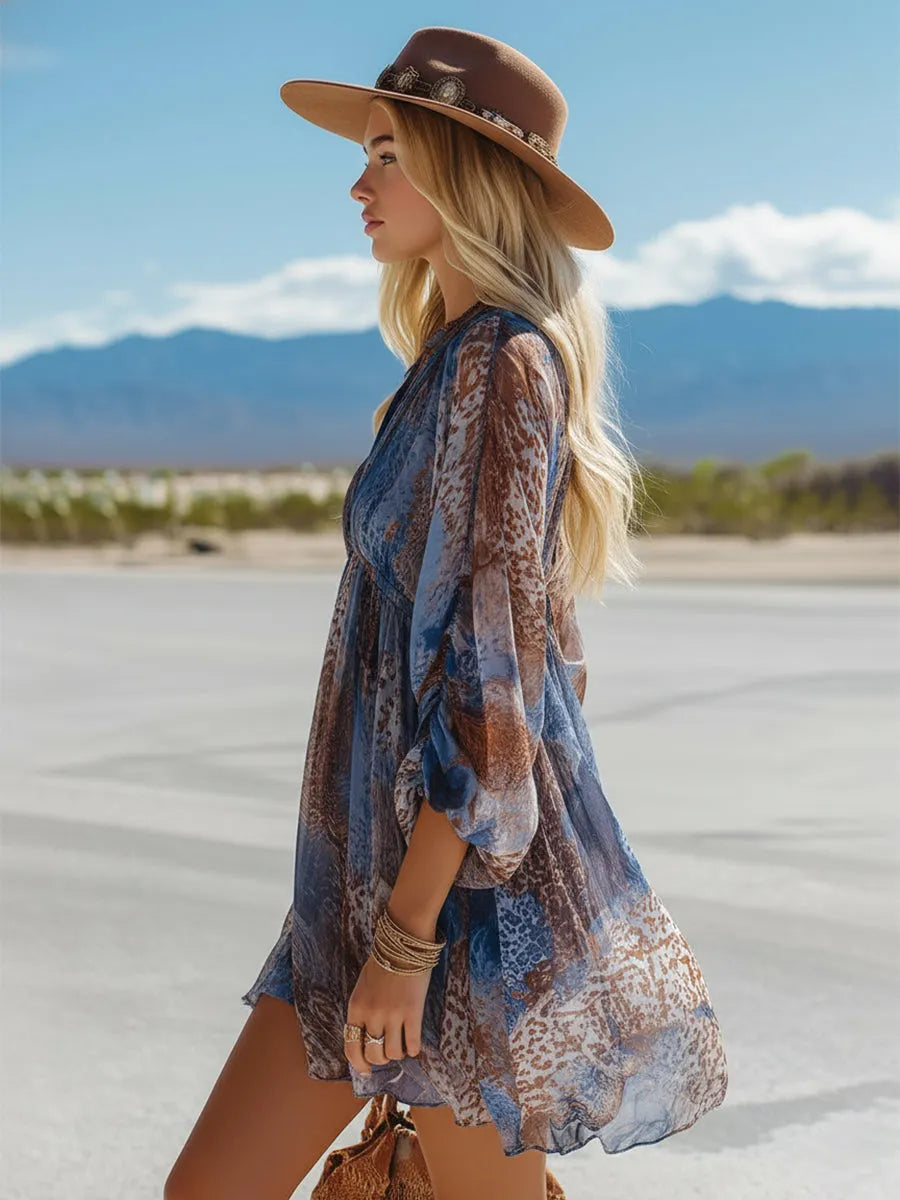 Retro Western-Style Blue Ombré Animal Print Chiffon Mini Dress