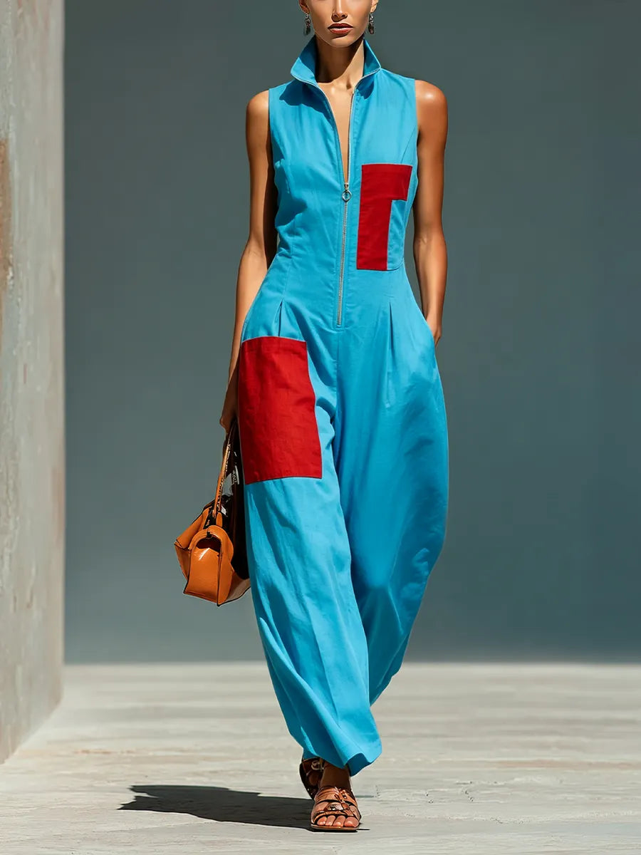 Women’s Blue Linen-Blend Sleeveless Jumpsuit With Red Patch Pockets & Half-Zip Stand Collar MDZ0982E4T