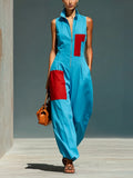 Women’s Blue Linen-Blend Sleeveless Jumpsuit With Red Patch Pockets & Half-Zip Stand Collar MDZ0982E4T