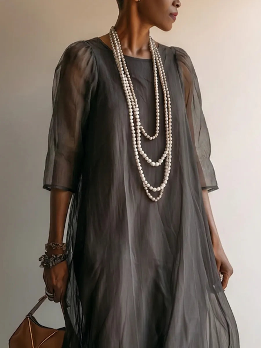Women’s Dark Gray Minimalist Sheer Chiffon Overlay Round Neck Mid Sleeve Flowy Tiered Oversized Maxi Dress MDZ0299G1T