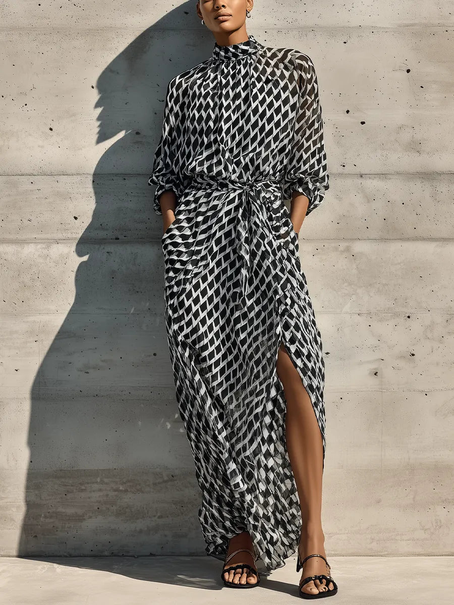 Women's Black White Diamond Print Mock Neck Three Quarter Sleeve Self Tie Waist Side Pocket Front Slit Chiffon Maxi Dress MDZ2128G2YZJ