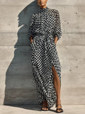 Women's Black White Diamond Print Mock Neck Three Quarter Sleeve Self Tie Waist Side Pocket Front Slit Chiffon Maxi Dress MDZ2128G2YZJ