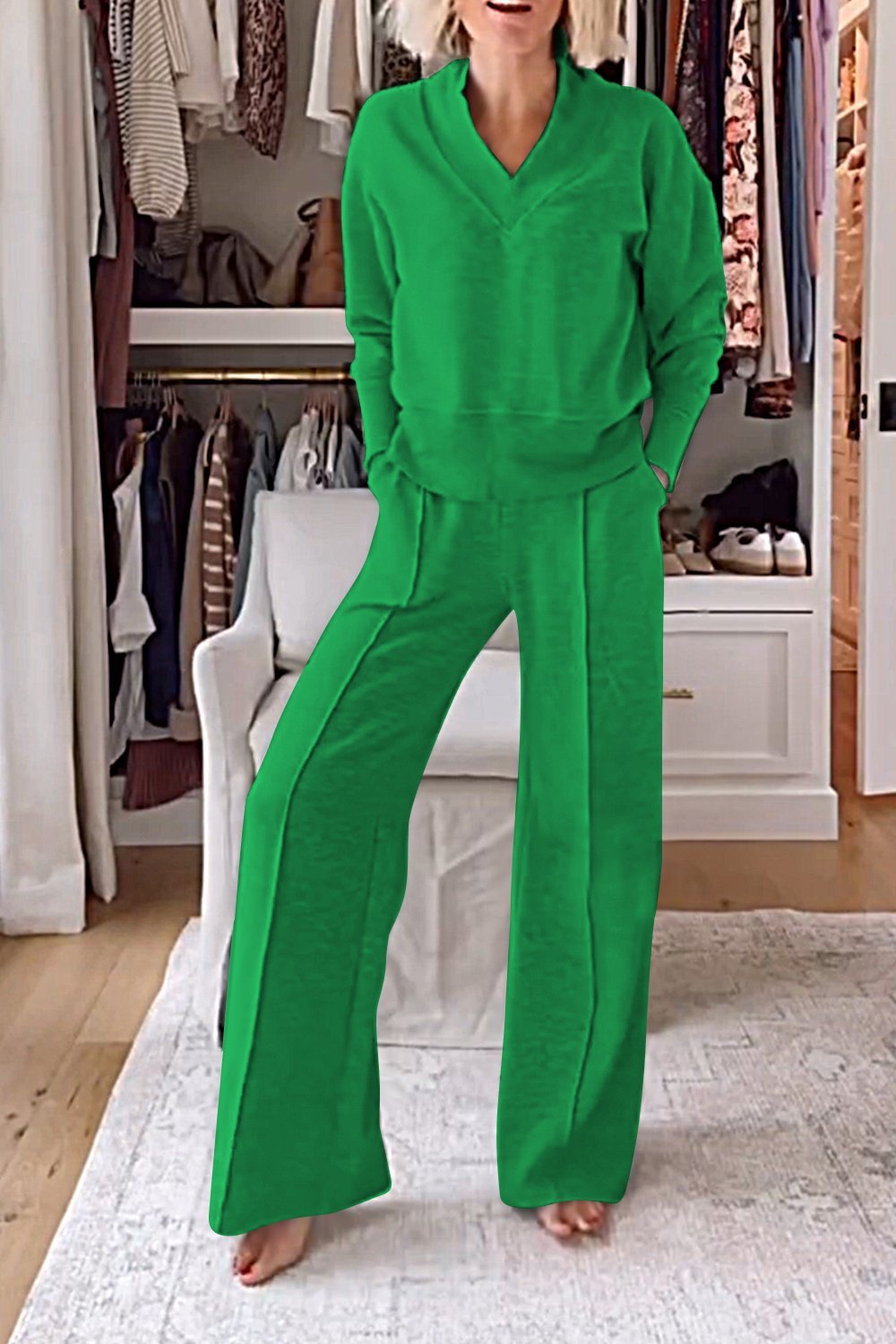Solid Color V-neck Top & Pants Two-piece Set
