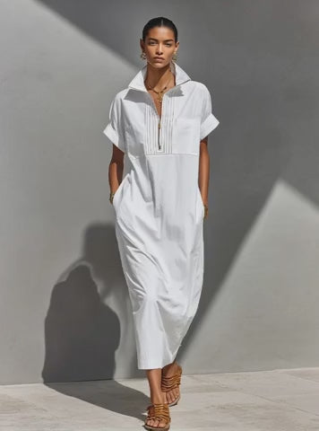 Women's White 100% Cotton Maxi Shirt Dress With Half-Zip Collar & Rolled Sleeves, Timeless Casual Everyday Dress MDZ0779E4LYL