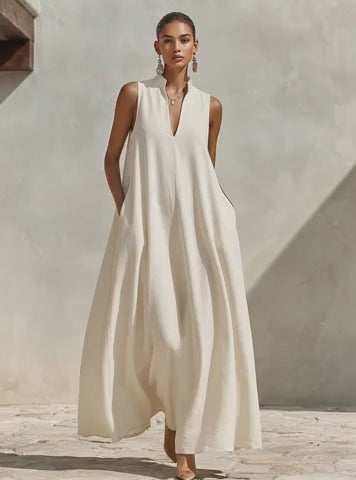 Women's Cream Linen-Blend Sleeveless Maxi Dress With Stand Collar & V-Neck, Timeless Minimalist Summer Dress MDZ0806E9LYL