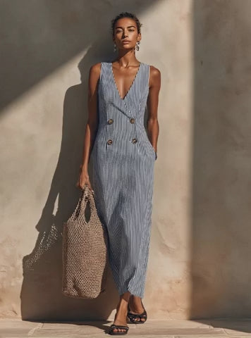 Women's Blue-White Striped Cotton-Blend Maxi Dress With Blazer Style & Double-Breasted, Timeless Nautical Casual Dress MDZ1388E5LYL