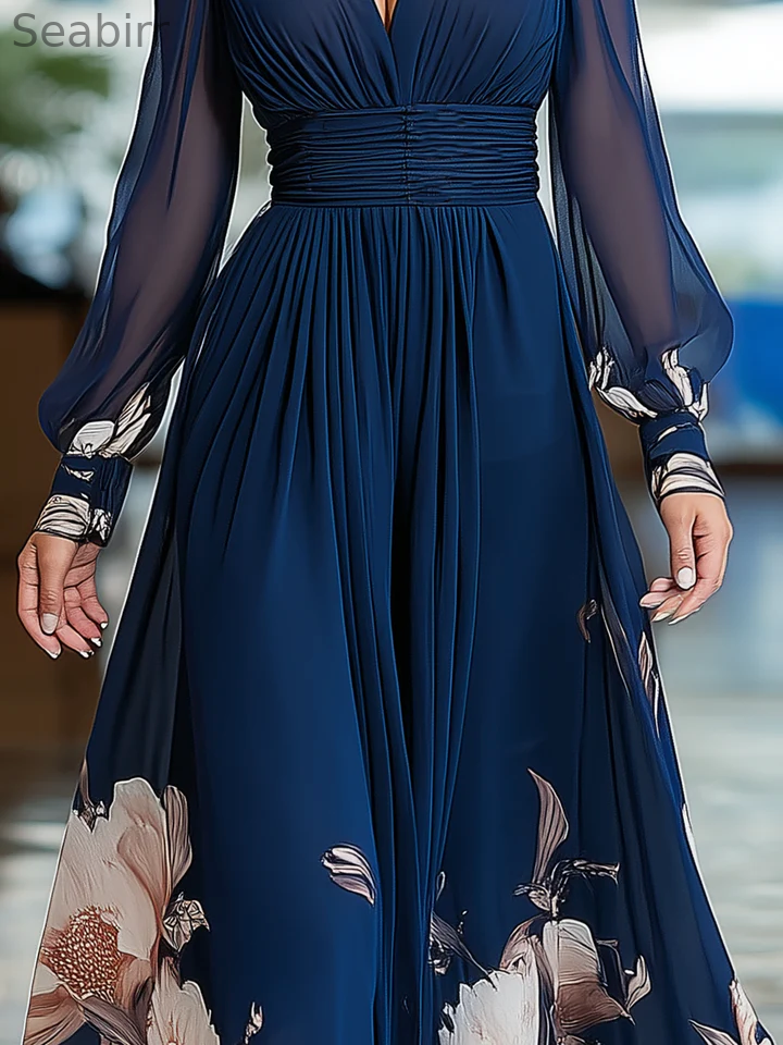Navy Blue V-neck Tulle Sleeve Pleated Floral Maxi Dress